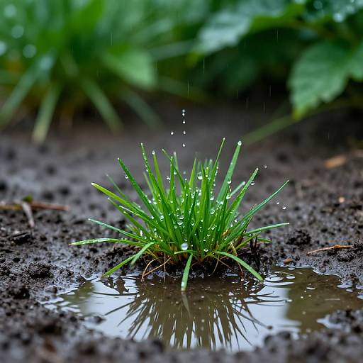 Ascending Raindrops Around Green Grass