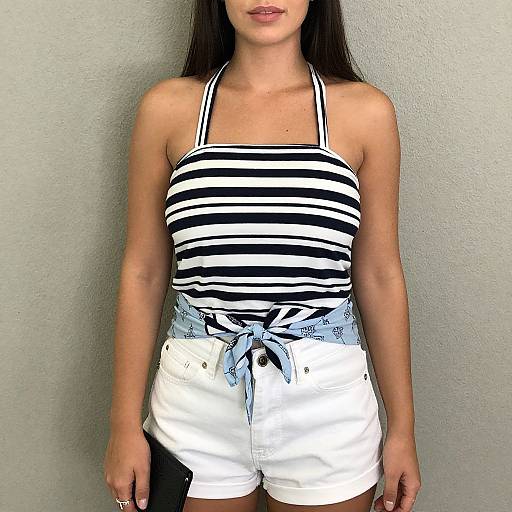 Photograph of a woman with long black hair, wearing a black-and-white striped halter top and white high-waisted shorts with a blue tie