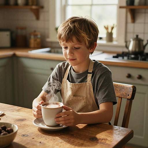 Photograph of a young boy with light brown hair, wearing a grey t-shirt and beige apron, sipping hot tea at a sunlit wooden