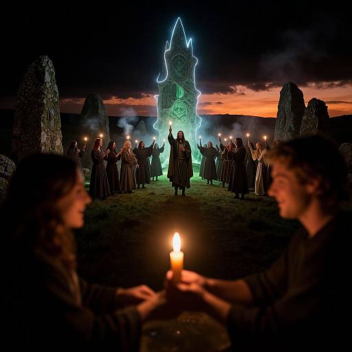 Photograph of a nighttime ritual: people in dark medieval robes holding candles, surrounding a glowing neon structure amidst ancient stone ruins, against a vibrant sunset sky