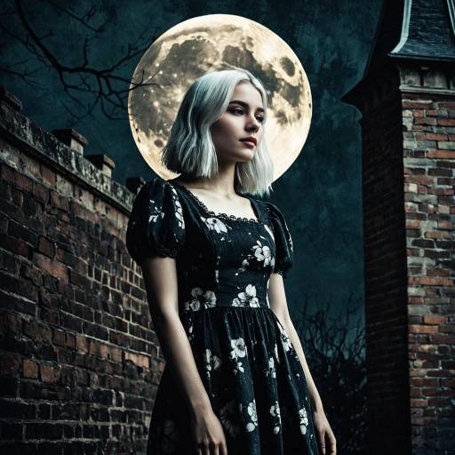 Young Woman with Full Moon and Gothic Brick Wall
