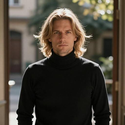 Serious Man in Sunlit Urban Courtyard