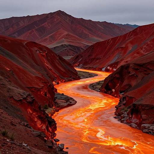 Photograph of a vibrant, glowing orange river winding through dark red, rocky mountains under a cloudy sky, creating a striking contrast.