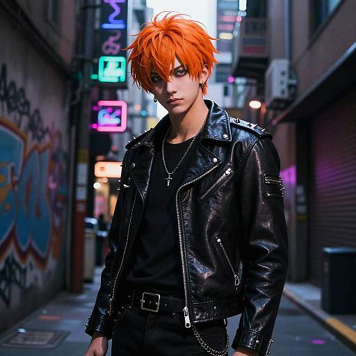 Photorealistic CGI of a young man with vibrant orange hair, wearing a black leather jacket and black shirt, standing in a neon-lit, graffiti