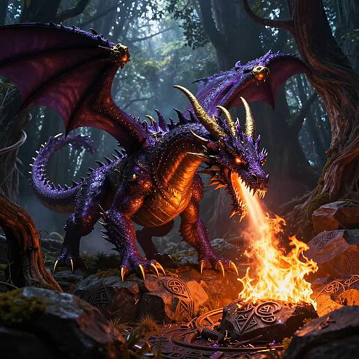 Digital fantasy artwork of a fierce, purple-scaled dragon with glowing orange underbelly, breathing fire near a bright, magical forest campfire.