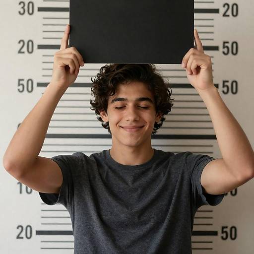 Smiling Young Man with Height Chart