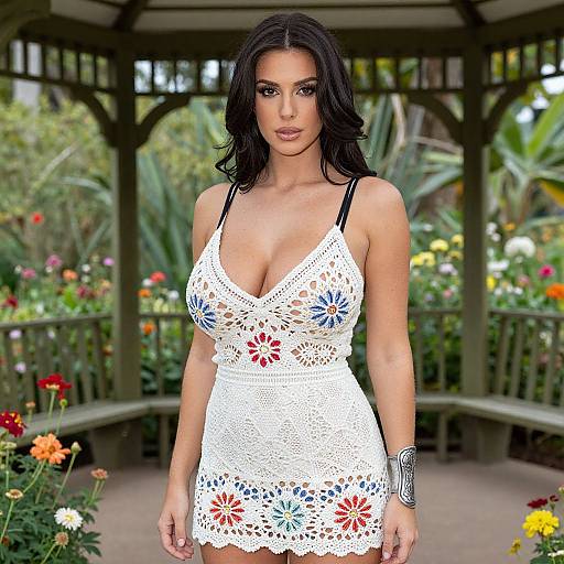 Photograph of a brunette woman with large breasts, wearing a white, low-cut, floral lace dress, standing in a colorful garden gazebo.