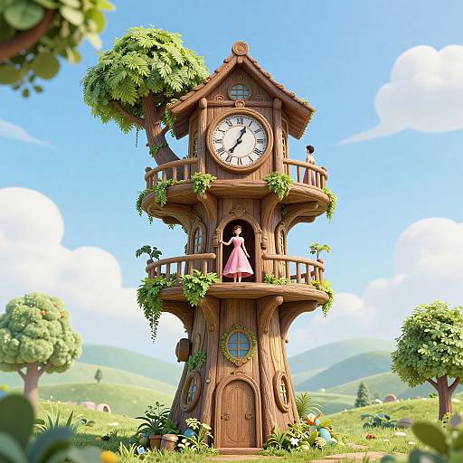 Whimsical digital illustration of a wooden clock tower with a girl in a pink dress on the balcony, surrounded by lush green trees and rolling hills under