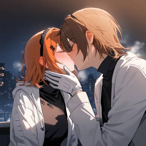 Romantic Night Kiss Under City Skyline