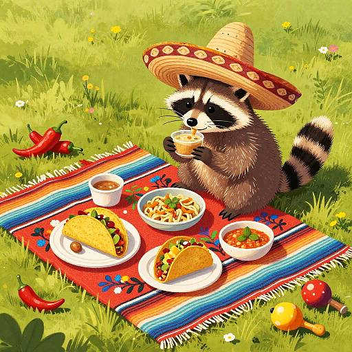 Illustration of a raccoon in a sombrero eating Mexican food on a colorful striped blanket in a sunny grassy field.