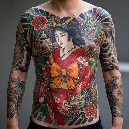 Photograph of a shirtless man with intricate full-color Japanese-style tattoos, including a traditional geisha in a red kimono with an orange bow and