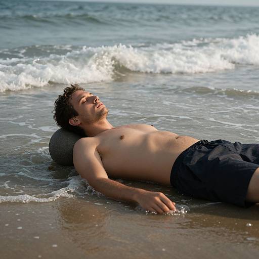 Photograph of a shirtless, tan-skinned man with short dark hair, lying on a black inflatable at the shore, wearing black swim trunks
