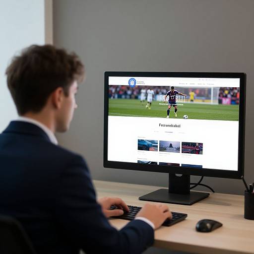 Photograph of a man in a suit, seen from the back, using a computer displaying a football news website with a player image and text.