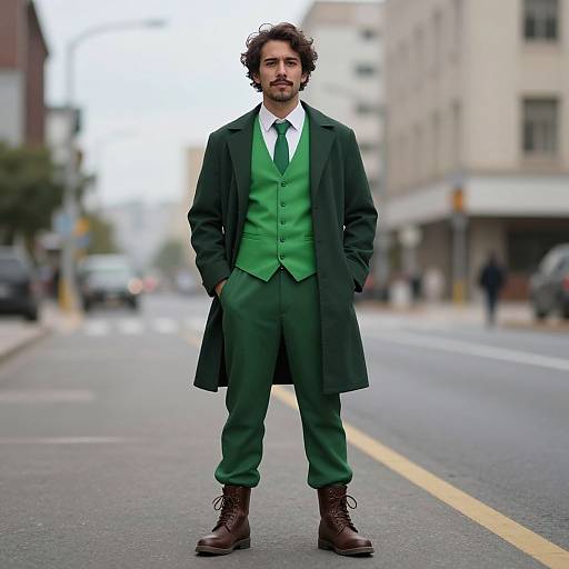 Photograph of a man with curly hair and beard, wearing a green suit, white shirt, green tie, black overcoat, and brown boots,