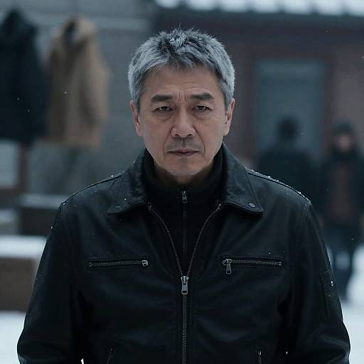 Intense Middle-Aged Man in Snowy Scene