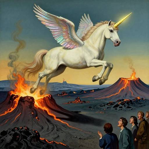 Digital painting: White winged unicorn with golden horn leaps over fiery volcanic landscape, three shocked humans watch below, twilight sky.