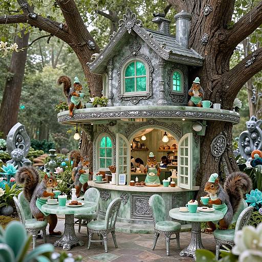 Photograph of a whimsical fairy-tale tea house nestled in a large tree, adorned with green lights, surrounded by teacup-sitting squir