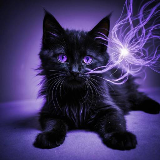 Black Fluffy Kitten with Lavender Eyes and Glowing Wisps