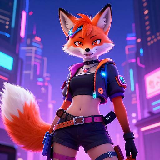 CGI anthropomorphic fox with orange fur, cyberpunk style, wearing black crop top, shorts, jacket, and tech accessories, standing in a neon