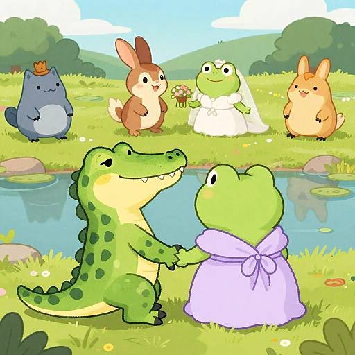 Cartoon image of green crocodiles holding hands by pond, surrounded by cute animals in grassy meadow, with a blue sky background.