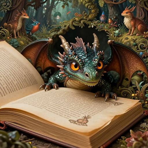 A detailed digital illustration of a cute, green dragon with orange eyes and small horns, reading an open book in a magical forest with colorful birds and enchanted