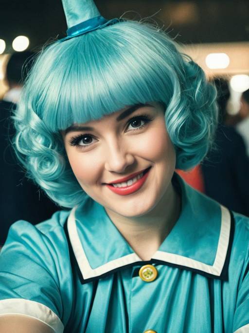 Woman in Retro Blue Costume with Curly Wig