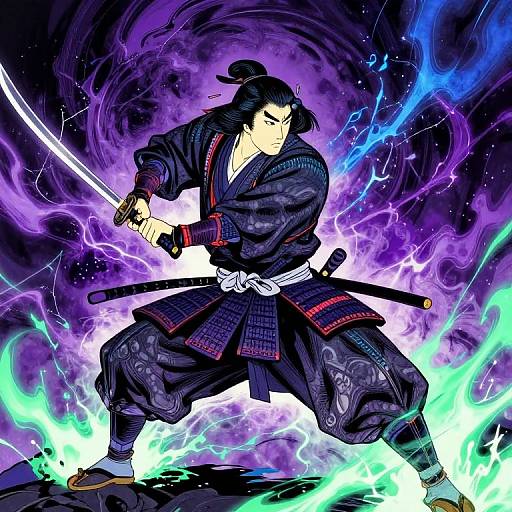 Digital anime-style drawing of a samurai with dark hair in a topknot, wearing a black kimono, wielding a sword, surrounded by purple