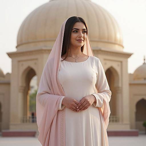 Photograph of a South Asian woman with medium brown skin, long black hair, wearing a white salwar kameez and pink dupatta, standing