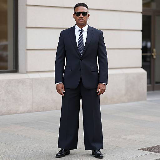 Photograph of a Black man in a black suit with wide trousers, white shirt, black tie, and sunglasses, standing on a city sidewalk.