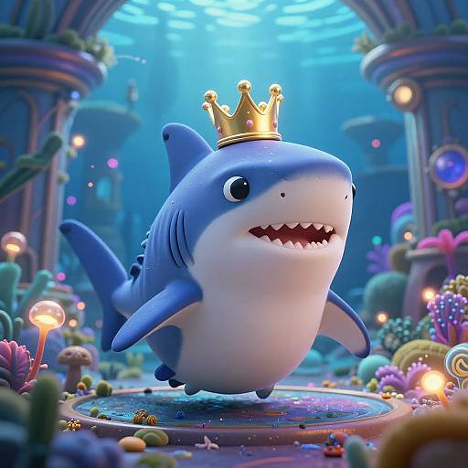 Digital artwork of a chubby, blue and white cartoon shark wearing a gold crown, swimming underwater in a colorful, coral-filled palace with glowing lights.