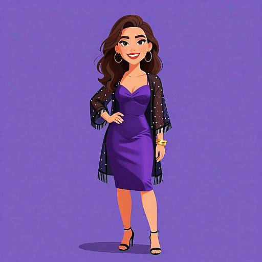 Digital cartoon of a confident woman with long brown hair, wearing a purple dress, black polka-dot shawl, hoop earrings, gold bracelet, and