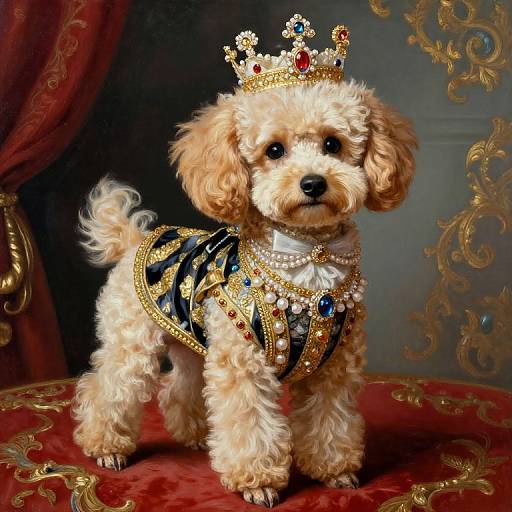 Photograph of a fluffy, cream-colored poodle wearing a jeweled, royal blue and gold coat and a sparkling crown, standing on a red velvet