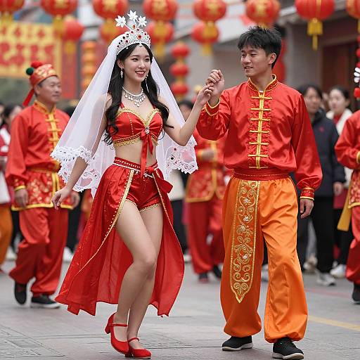 Photograph of a Chinese couple in vibrant traditional red attire, she in a revealing bridal outfit with veil, he in satin shirt and orange pants, holding