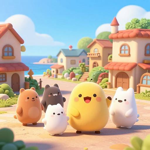 Digital illustration of five cute, round, chibi-style animals in a sunny, coastal village with red-roofed houses and blue sky. Yellow,