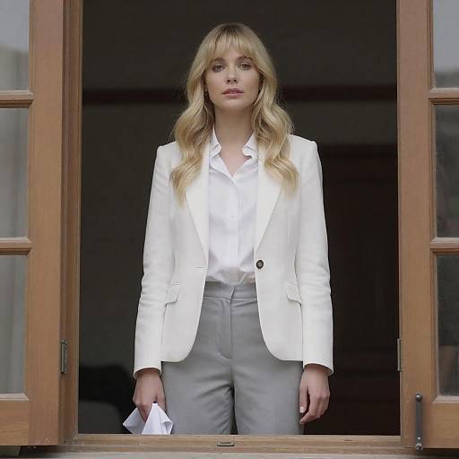 Blonde Woman in White Blazer Standing in Wooden Doorway