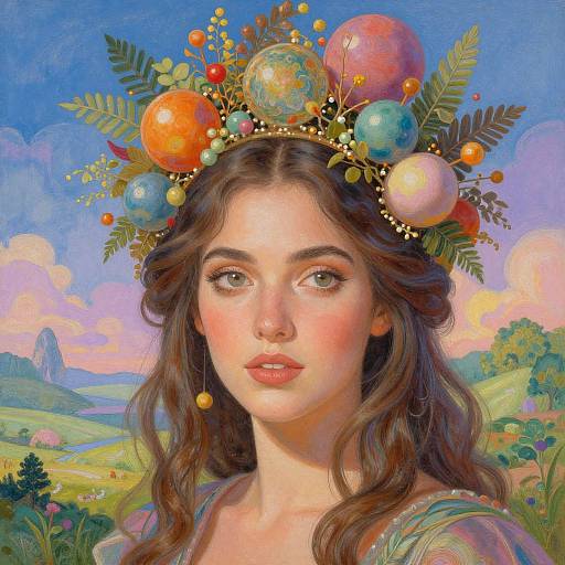 Digital painting of a fair-skinned, brown-haired woman with green eyes, wearing a colorful floral crown and soft, pastel landscape background.