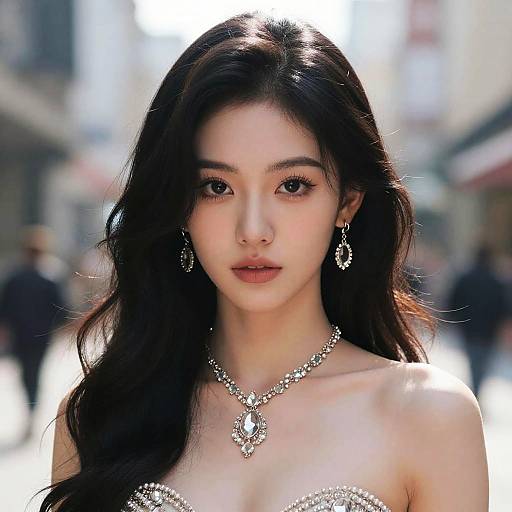 Photograph of an Asian woman with long black hair, wearing a strapless silver dress, diamond earrings, and necklace, standing in a sunlit,