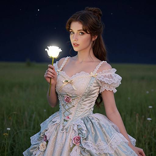 Photograph of a fair-skinned woman in a white, lace-trimmed, Victorian-style dress holding a glowing white flower in a dark, grass