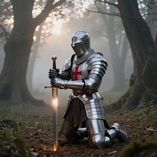 Photograph of a silver-armored knight kneeling in a misty forest, holding a glowing sword with a red cross on chest armor, sunlight filtering through