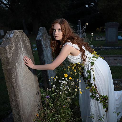 Ethereal Woman in Moonlit Cemetery