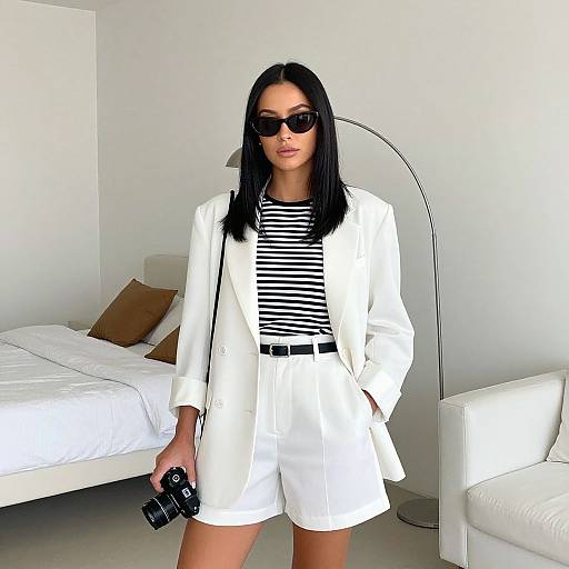 Photograph of a black-haired woman in a white coat and striped top, holding a camera, standing in a minimalist white room.