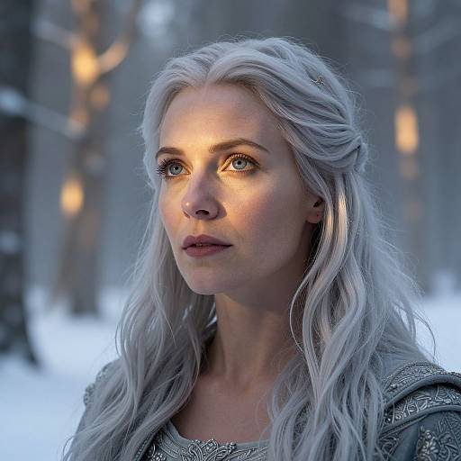 Photorealistic CGI of a white-haired woman with blue eyes, wearing intricate silver armor, standing in a snowy forest with blurred, lit trees in the