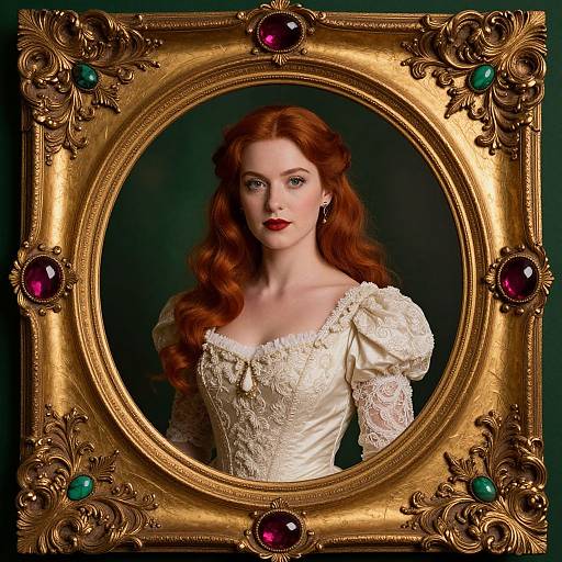 Photograph of a red-haired woman in an ornate, gold-framed mirror with purple and green gemstones, wearing a white, lace-trim