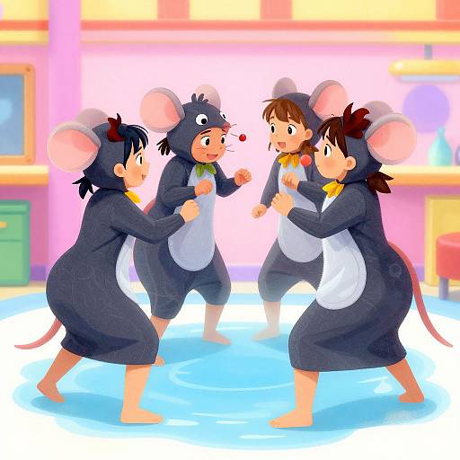 Digital cartoon of four children in black mouse costumes with white bellies, fighting in a brightly lit, colorful room.