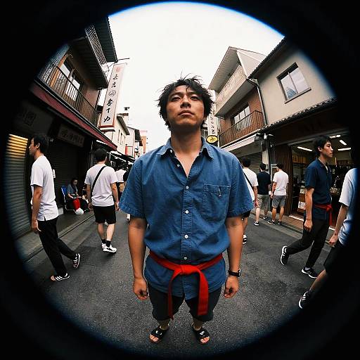 Man in Blue Shirt on Crowded Street
