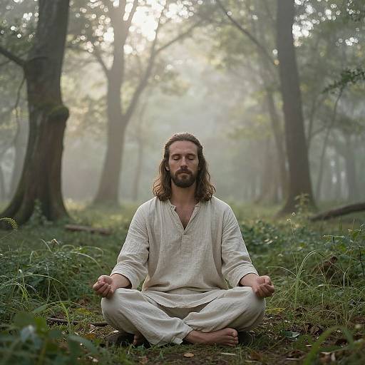 Photograph of a bearded man with long brown hair, wearing a white linen tunic, meditating cross-legged in a misty forest.