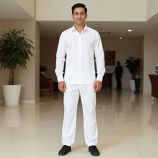 Photograph of a smiling South Asian man in white long-sleeve shirt and pants, standing in a modern, brightly lit hallway with white tile floor
