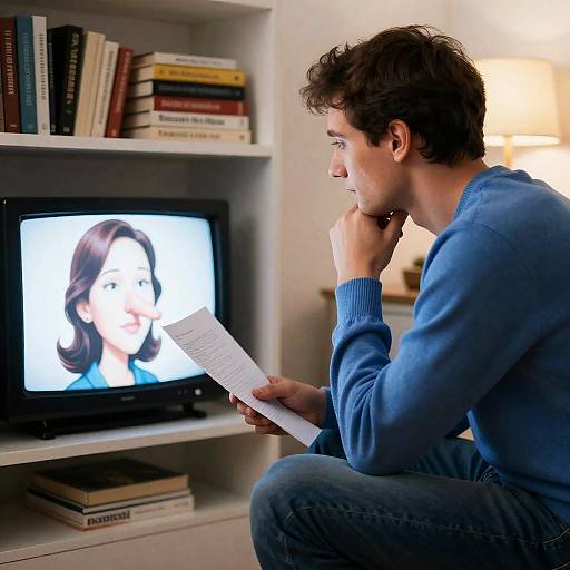 Contemplative Man with Caricature on Screen