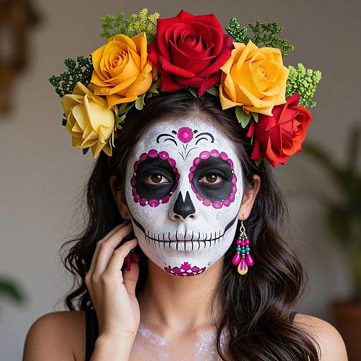 Photograph of a woman with dark hair, white face paint decorated with pink and black floral patterns, wearing a colorful flower crown, red and yellow roses