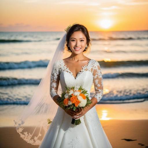 Stunning Japanese Bride at Sunset Beach